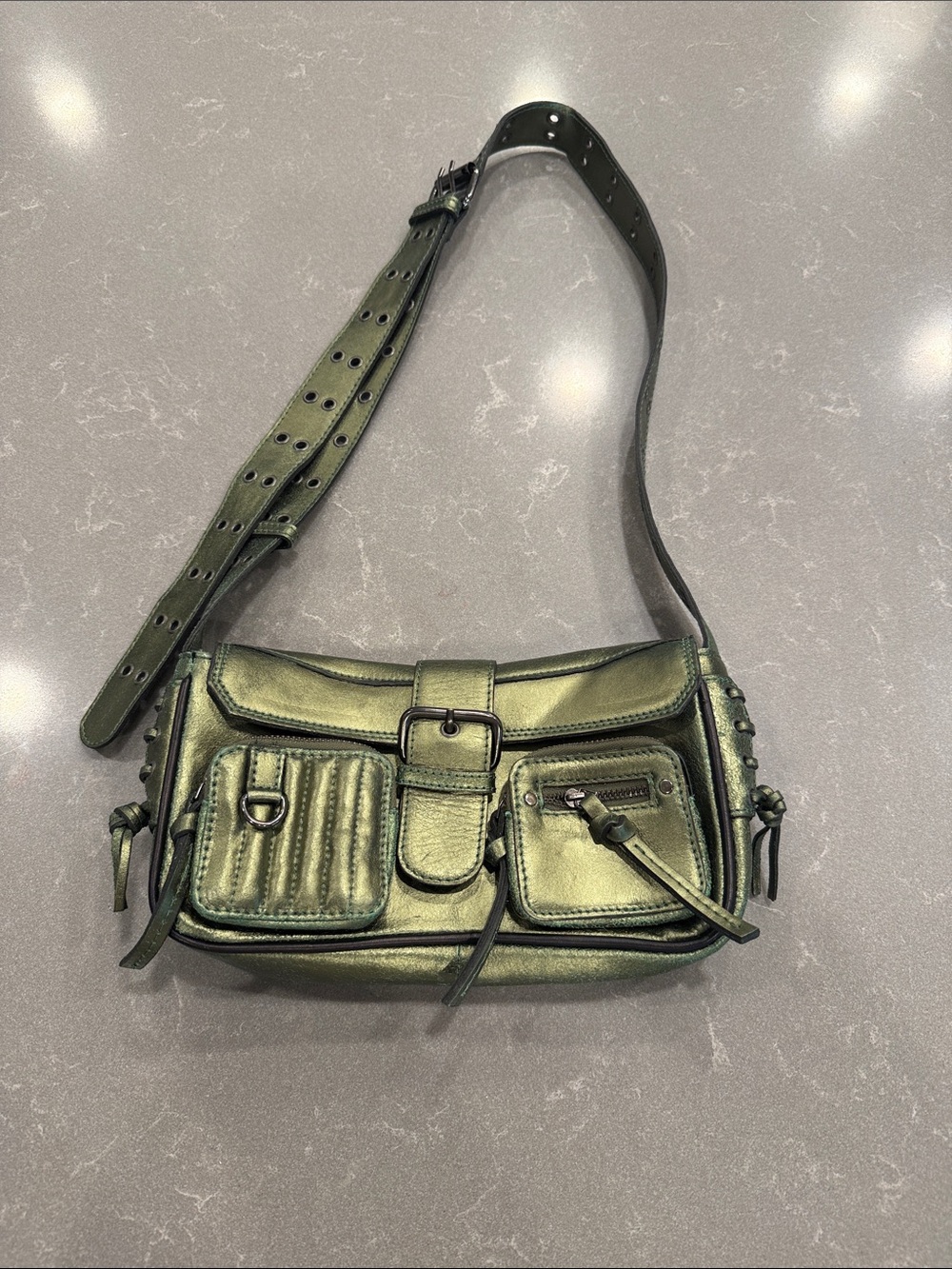 Leather Free People Olive Green Metallic Crossbody Shoulder Bag